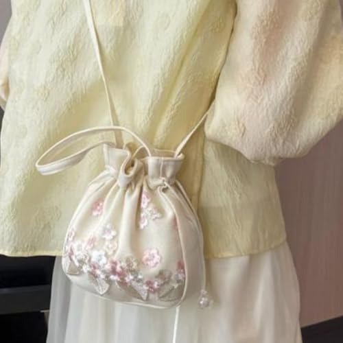 Bolso de mano con cordones estilo étnico bordado floral miniatura 3