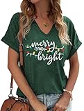 Womens V Neck Christmas Shirt Merry Christmas Holiday Graphic Tees Family Holiday Xmas T-Shirts Gift Tops(Light-Green,M)