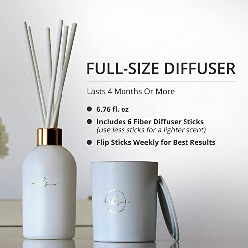 Luxury Candle & Reed Diffuser Set - 6.8 Fl Oz Peony Lychee Reed Diffuser + 6.5Oz Soy Wax Scented Candle & Lid - 6 Diffuser Sticks - Long Burn Time #TOP3