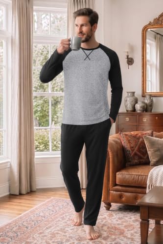 Ekouaer Mens Pajama Set Long Sleeve PJs Lightweight Sleepwear with Pockets - image 2