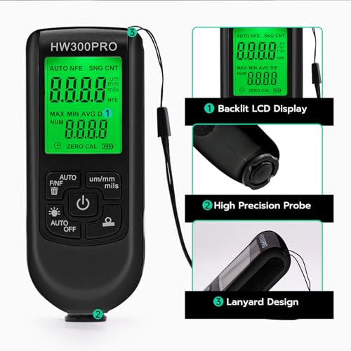 Tolesum Digitales Schichtdickenmessgerät, Lackmessgerät Auto mit Tragbarem Seil,0-2000 um Lackdickenmessgerät,Auto-Lackschichtdickenmessgerät für Gebrauchtwagenkäufer-Schwarz