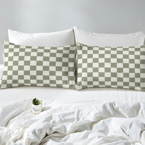 Image of Erosebridal Plaid Bed Sheets Twin Beige Sage Green Checkerboard Bedding Geometric Checkered Sheet Set for Kids Boys Girls, Aesthetic Grid 1 Fitted Sheet 1 Flat Sheet 1 Pillow Case