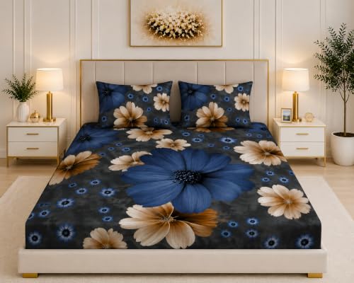 Image of 7D Digital Printed King Size Bedsheet | 240TC Premium Cotton Feel Microfiber with 2 Pillow Covers | Soft Breathable & Wrinkle Free Bedding Set | (Blue&Gray, King Size-90x100 Inch)