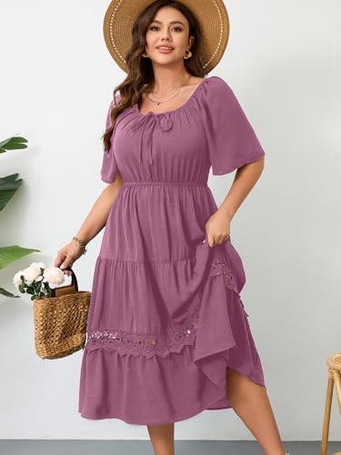 Image of RWJ Women's Plus Size Maxi Dress Short Sleeve Square Neck Flowy A-Line Lace Trim Flutter Party Casual Off Shoulder Dresses