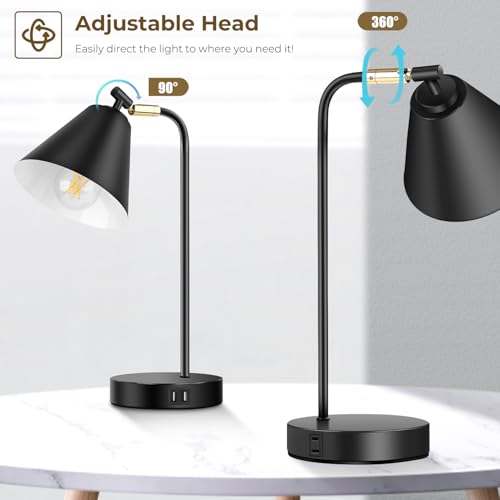 Industrial Dimmable Desk Lamp with 2 USB Charging Ports AC Outlet, Touch Control Bedside Nightstand Reading Lamp Flexible Head, Black Metal Table Lamp for Bedroom Office Living Room, Bulb Included by Brightever - Image 2