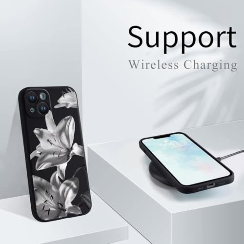 Coque iPhone 16 fleur de lys noir en silicone liquide avec doublure microfibre premium