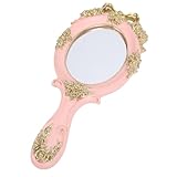 Generic Vintage Handheld Mirror Elegant Gold Floral Embossed Vanity Makeup Mirror for Travel and Dressing Table, Resin Frame Black Velvet Backing (Pink)