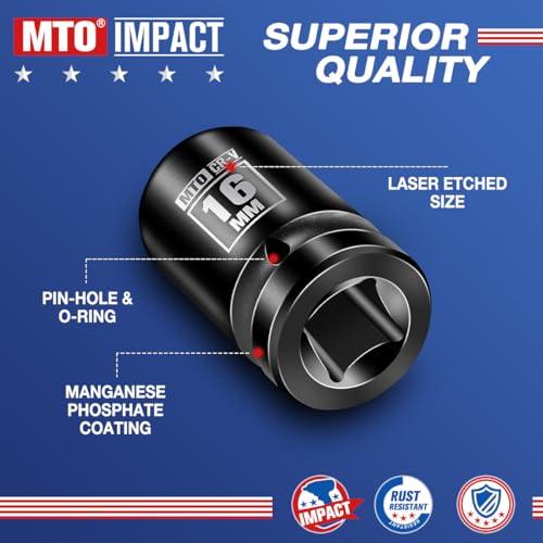 Image of MTO 1 /2 inch Drive 16mm Shallow Impact Socket, 6-Point Metric Socket for Automotive Maintaince, CR-V Steel Meets ANSI Standards