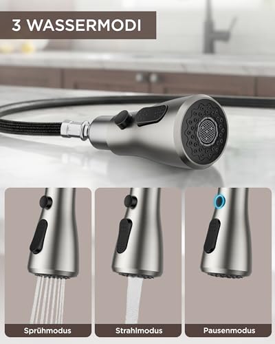 FORIOUS Wasserhahn Küche, Küchenarmatur mit Herausziehbarer Brause Ausziehbar Armatur, Mischbatterie Spültischarmatur, 360° Schwenkbar, Mehrere Strahlarten, Edelstahl, Niederdruck