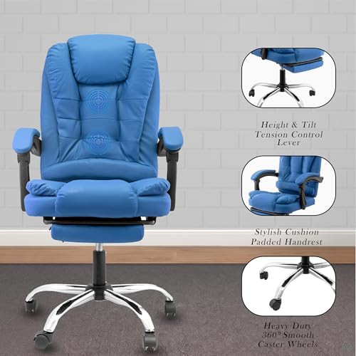 Image of Casa Copenhagen Italia Leatherette Office Chair for Work | Boss Chair, Luxurious Cushioned Arms & Seat, 2 Point Back Massager, Adjustable Leg Rest, Heavy Duty Metal Base (Royal Blue)