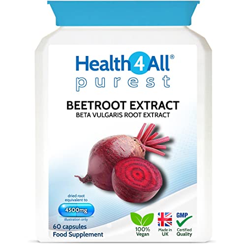 Beetroot Extract 4500mg 60 Capsules (V). (not Tablets) Purest: no additives Vegan Supplement standardised to nitrates Contents. Made in The UK by Health4All