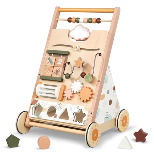 Image of Joyreal Wooden Baby Walker Push Toys - Adjustable Speed Push Walker with Wheels and Learning Activity Center - Neutral Color Montessori Toys for Baby Boys and Girls Birthday Gifts