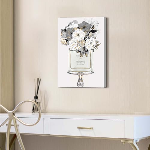 Image of HILL WEST Elegant Floral Canvas Wall Art - Perfume Bottle Picture Modern Fashion Prints Black White Flower Painting Artwork Home Decor for Bedroom Makeup Room
