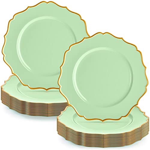 Mumufy 24 Pack Charger Plates Bulk 13 Inch Green Charger Plates Gold Trim Reusable Heavy Duty Large Round Dinner Chargers With Scalloped Rim For Wedding Upscale Party Festival Table Decoration #TOP29