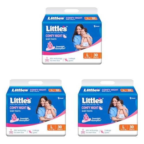 Image of Little's Baby Diapers L Size (Large) Pants Style | 9-14 kg | 30 Count | Comfy Nights Baby Diaper Pants with Leakage Guard & Upto 12 Hours Absorption (30 Count, Pack of 3)