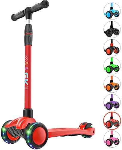Allek Kick Scooter B03, Lean 'N Glide 3-Wheeled Push Scooter with Extra Wide PU Light-Up Wheels, Any Height Adjustable Handlebar and Strong Thick Deck for Children from 3-12yrs (Red)