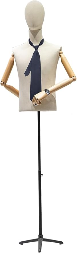 Male Dress Form Mannequin with Head, Poseable Men Clothing Body Torso with Detachable Flexible Solid Wood, Tripod Metal Stand, 53