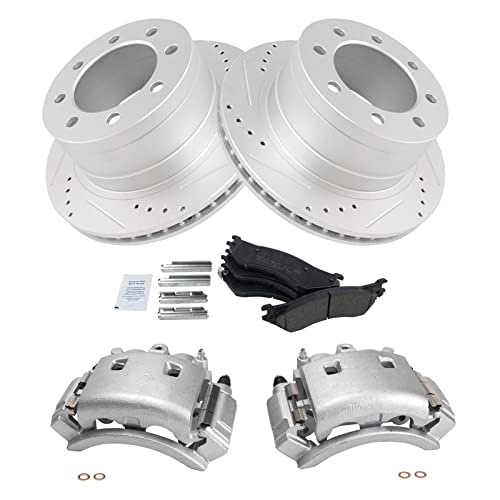 Image of TRQ Rear Performance Brake Pad, Caliper, & Rotor Kit Ceramic Vented Premium G-Coated Compatible with 2003-2008 Dodge Ram 3500