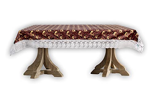 Image of The Furnishing Tree Waterproof PVC Rectangle Shaped 2 Seater Table Cover WxL 45x70 inches Floral Pattern Coffee Brown with White Border lace