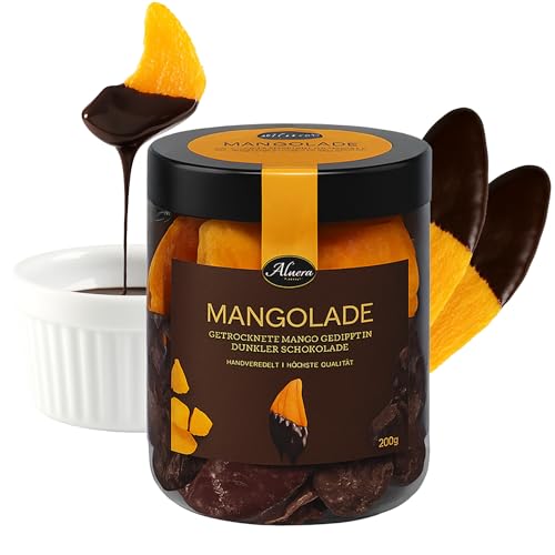 Alucra Mangolade, Getrocknete Mango in dunkler Schokolade 200g - Handgedippte Schokofrüchte aus Thailand - Exotische vegane Süßigkeit Schokolierte Früchte - Mit fruchtiger Süße und herbem Genuss