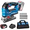Dong Cheng 20V Brushless Jigsaw, 26mm Stroke, 800-3500 SPM, 0-45° Bevel, 6-Speed, Orbital Action, Dual LED, Dust Blower, with 4Ah Battery, Charger, 6 Blades, Guide Rail & Tool Bag