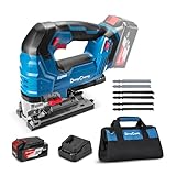 Dong Cheng 20V Brushless Jigsaw, 26mm Stroke, 800-3500 SPM, 0-45° Bevel, 6-Speed, Orbital Action, Dual LED, Dust Blower, with 4Ah Battery, Charger, 6 Blades, Guide Rail & Tool Bag