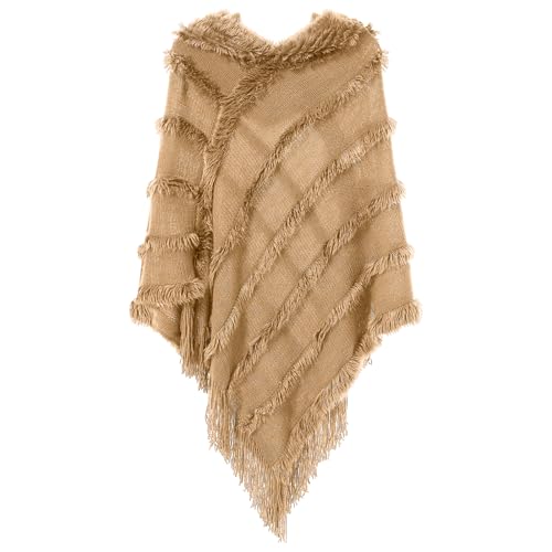Ponchos for Women Hooded Poncho Sweater and Cape with Fringe Fuzzy Knitted Shawl for Spring Fall Winter