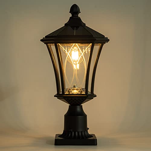 LUTEC Outdoor Solar Lamp Post Light with Pier Mount Base, Dusk to Dawn Waterproof Pole Light Head with Patterned Glass, Exterior Black Solar Powered Fence Post Light Fixtures for Outside by LUTEC - Used condition - US$94.40