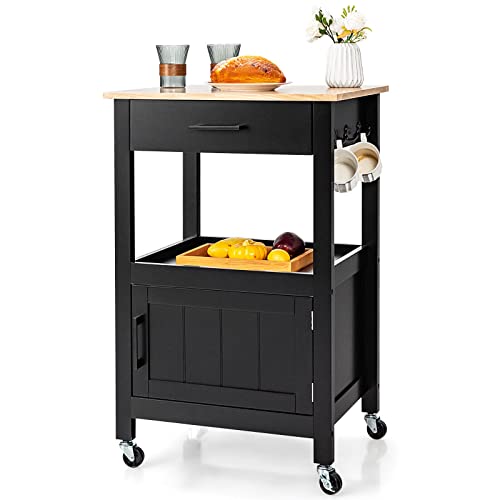 Giantex Small Kitchen Island Cart on Wheels, Rolling Kitchen Island w/Rubber Wood Top, Large Drawer, 3 Hooks, Open Shelf, Door Cabinet, Suitable for Kitchen & Dining Room, Black