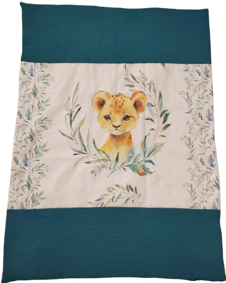 Couverture bébé molletonnée 80x120 cm lion et double gaze bleu canard pour lit enfant