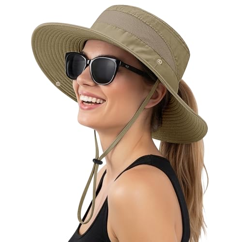 Xnova Sombrero de Sol UPF 50+ Mujer Apto para Coleta, Sombreros de Pescador ala Ancha Ajustable Plegable Gorras de Safari Senderismo Bucket Hat (A: Caqui, Sombrero Circunferencia: 55–60 cm)