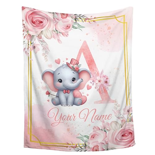 Personalized Baby Blanket Elephant Custom Blanket with Name Soft Flannel Throw for Boys Girls Toddlers Infants Kids Newborns Nursery Stroller Crib Decor Baby Gift for Birthday