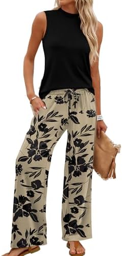 WIHOLL Two Piece Set for Women Summer Spring Outfits Cruise Travel Airport Beach Vacation Clothes Trendy Lounge Sets Mock Neck Matching Women Clothing Wide Leg Pants Set M