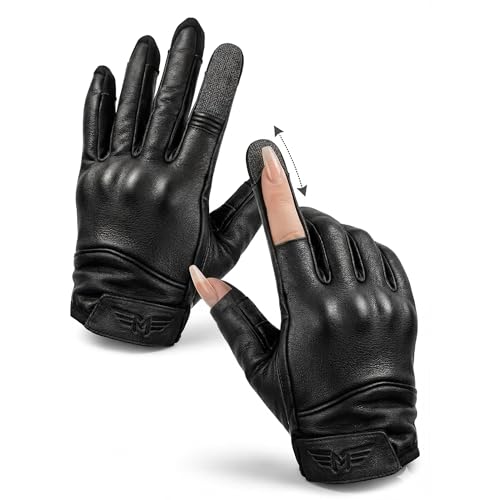 FEMMOTOR Guantes de Moto para Mujer Cuero Tallaje Ajustado y Cortos Piel de Cabra Vintage Slimfit con Tejido Flexible en los Dedos para Uñas Largas Gel Acrílicas Mano Femenina (Negro, Medium)