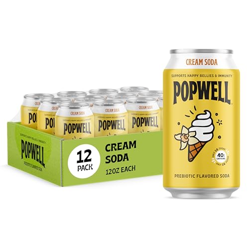 Image of Popwell Cream Soda Caffeinated Better-For-You Prebiotic Soda, with 6g Fiber, 1g Sugar, Vitamins and Immunity Support, 12 fl oz Cans (pack of 12)
