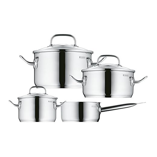 WMF Profi Plus - Batería de cocina de 4 piezas de acero inoxidable (cacerola de Ø 20 cm y 2.8 L, 2 ollas bajas de Ø 16 cm y 2.0 L y Ø 24 cm y 6.0 L, cazo de Ø 16 cm y 1.4 L)