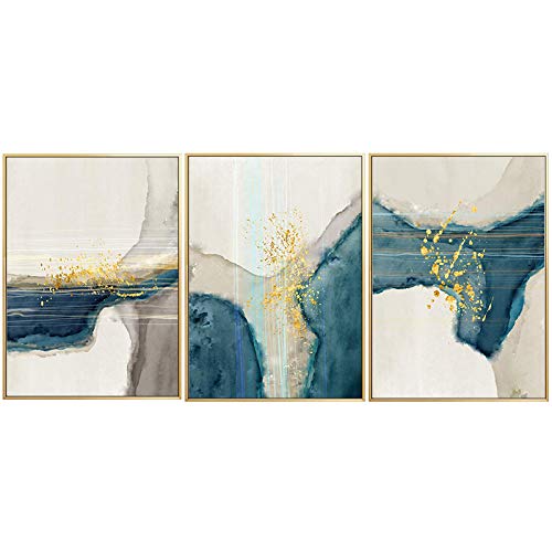 Cuadros abstractos modernos de río azul y ondas doradas para salón 50x70cm