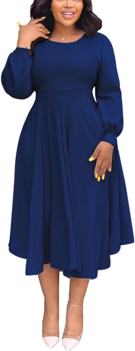 Fall Dresses for Women Semi-Formal Fit Casual Slim Long Puff Sleeves O-Neck Elegant Swing A Line Maxi Dresses