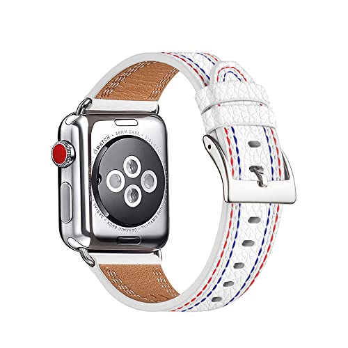 GOOYIN Armband Kompatibel mit Apple Watch 45mm 44mm 42mm Leder Armbänder Einzigartig Farbabstimmung Ersatzarmband Klassisch Einfach Lederarmband für iWatch Series 7 6 5 4 3 2 1 SE, Weiß Cover