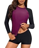 Daci Women Dark Purple Two Piece Rash Guard Long Sleeve Swimsuits UV UPF 50+ Swim Shirt Bathing Suit