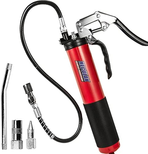 AcPulse HECULAX Grease Gun 6000PSI Heavy Duty Pistol Grip Grease Gun 14 Oz Standard Cartridge 18 inch Flex Hose Non-Slip Rubber Grip with Extension Tube and Extra Sharp Nozzle