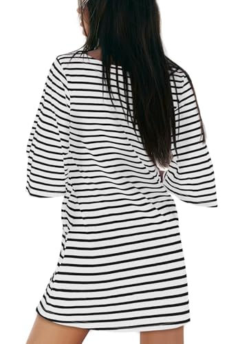 Image of Yousify Women's T Shirt Dress Cotton Summer Dresses 2026 Casual Loose Short Sleeve Striped Mini Dress with Pockets