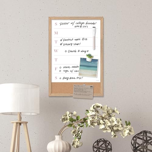 Image of U Brands Framed Magnetic Weekly Dry Erase Calendar Combo Board, 16 inchx11 inch, Wood Style Frame, Includes Magnetic Dry Erase Marker with Eraser Top, Succulent Magnet, and 2 Push Pins