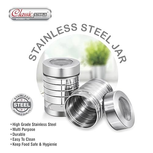 Image of Classic Steels Utility Canister Set of 2, 1000 ml | Airtight Stainless Steel Kitchen Storage Containers with See-Through Window & Top View Lid | Spices, Dry Fruits, Tea, Sugar | Mirror Finish Silver
