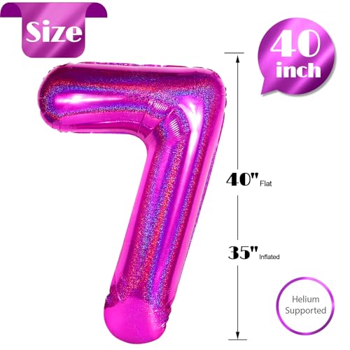 Image of Laser Hot Pink 7 Balloon, Number Balloons 40 Inch, 7th Birthday Decorations, Party Decoration for Women, Number 7 Balloon