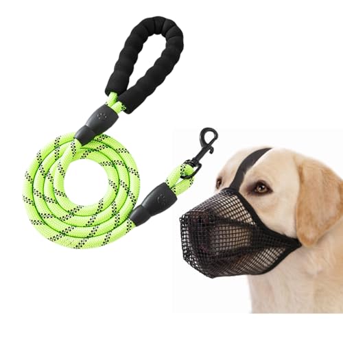 犬 マズル口輪 網の表面は通気性があり 吠えることを防ぎ 口を閉じることができ 食べ散らかさないようにする/舐めることができ 調節でき 柔軟で 安全な口のカバー 1.5メートルの反射牽引ロープ 夜光安全 旅行スーツ 散歩 訓練 習慣育成 小 中大型犬用マス