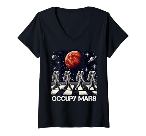 Mujer Astronautas caminando en el espacio - Retro Occupy Mars Terraforming Camiseta Cuello V