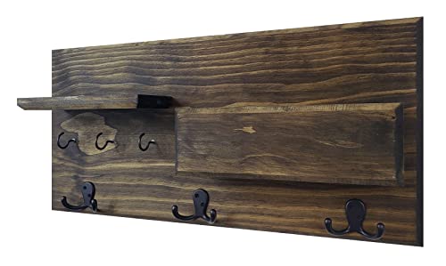Hamilton Elite Wall Mounted Organizer Features 3 Double Coat Hooks, 3 Key Hooks, Display Shelf Along With A Mail Holder. Available In 20 Stains : Shown In Dark Walnut #TOP3