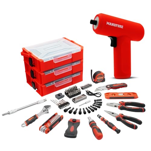 MANUFORE 81pcs 3-layer Household Tool Set with 3.7V Cordless Screwdriver with Bits...