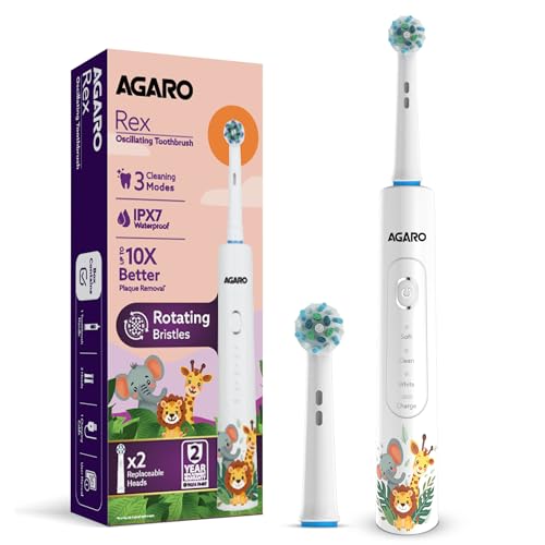 Image of AGARO Rex Oscillating Kids Electric Toothbrush, 3 Cleaning Modes, Oscillating Round Head, 2 Replaceable Heads, 2-Min Smart Timer, USB-C Rechargeable (Up to 21 Days), IPX7 Waterproof